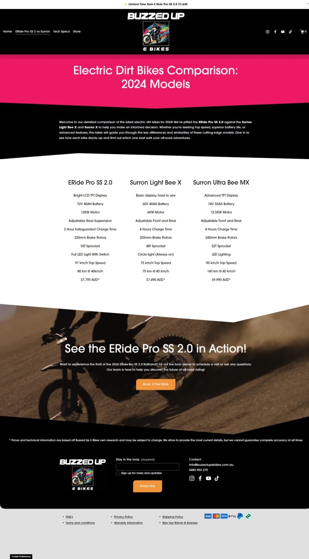 Screenshot showing the E-Commerce website for Buzzed Up E-Bikes