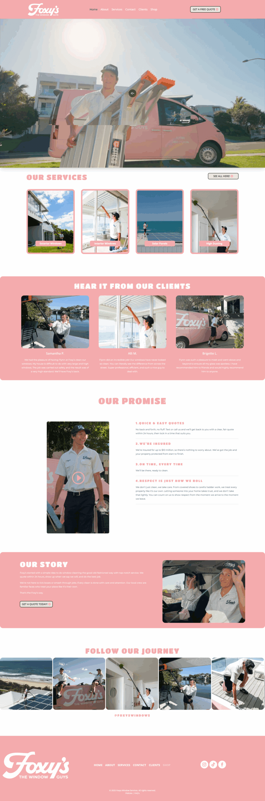 Screenshot showing the Service Business website for Foxy's Windows Cleaning