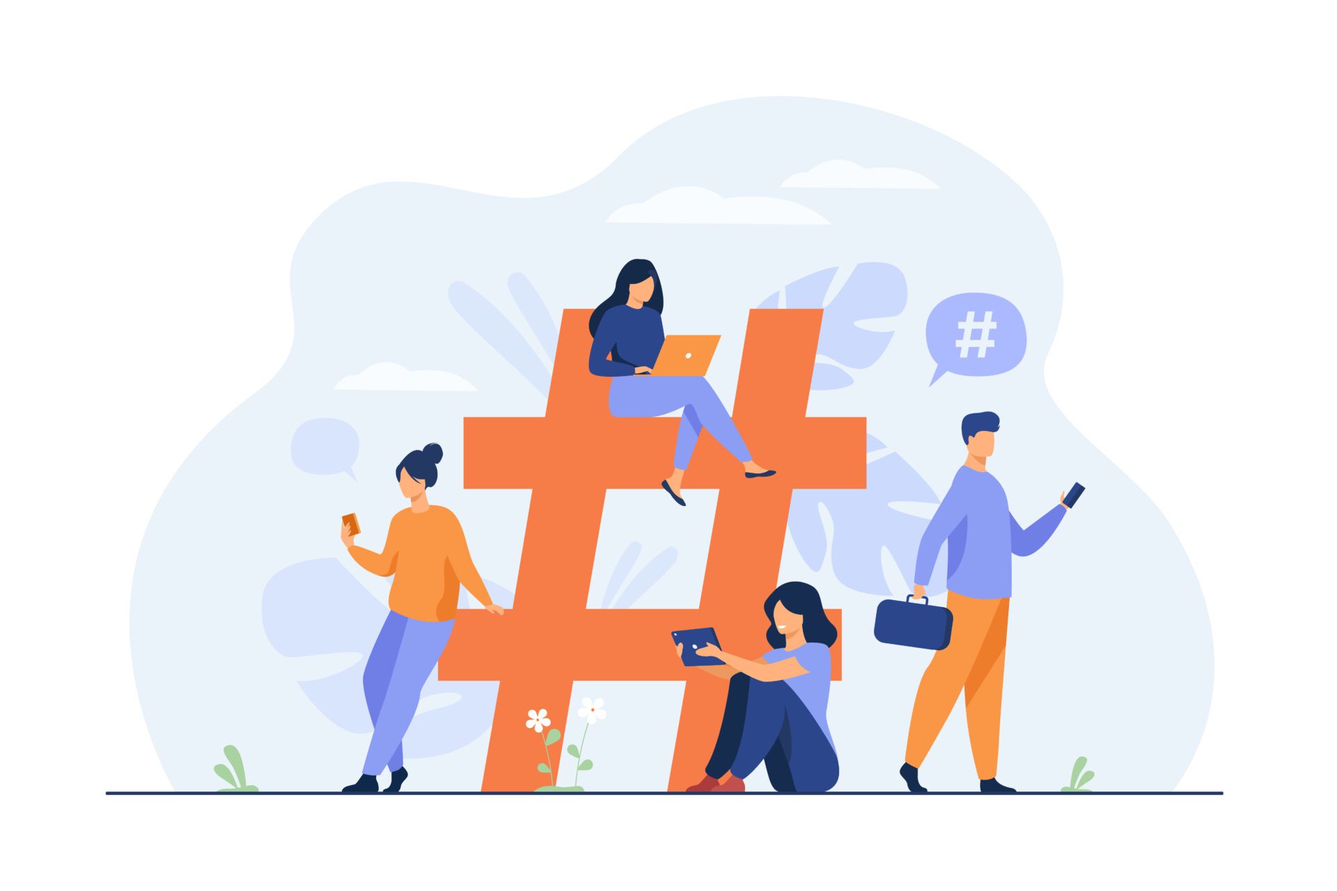 Tiny people near hashtag for social media